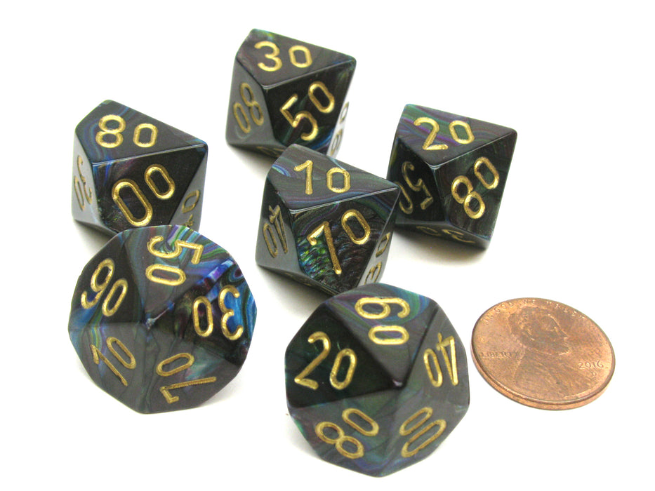 Lustrous 16mm Tens D10 (00-90) Chessex Dice, 6 Pieces - Shadow with Gold Numbers