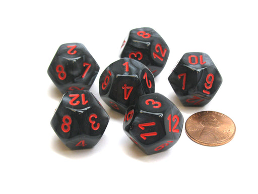 Velvet 18mm 12 Sided D12 Chessex Dice, 6 Pieces - Black with Red
