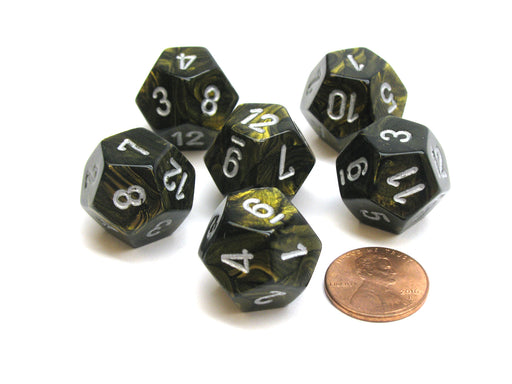 Leaf 18mm 12 Sided D12 Chessex Dice, 6 Pieces - Black Gold with Silver