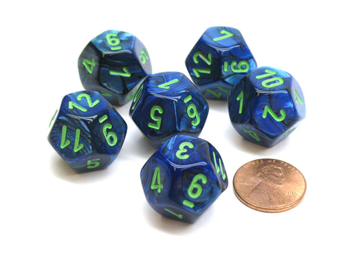 Lustrous 18mm 12 Sided D12 Chessex Dice, 6 Pieces - Dark Blue with Green