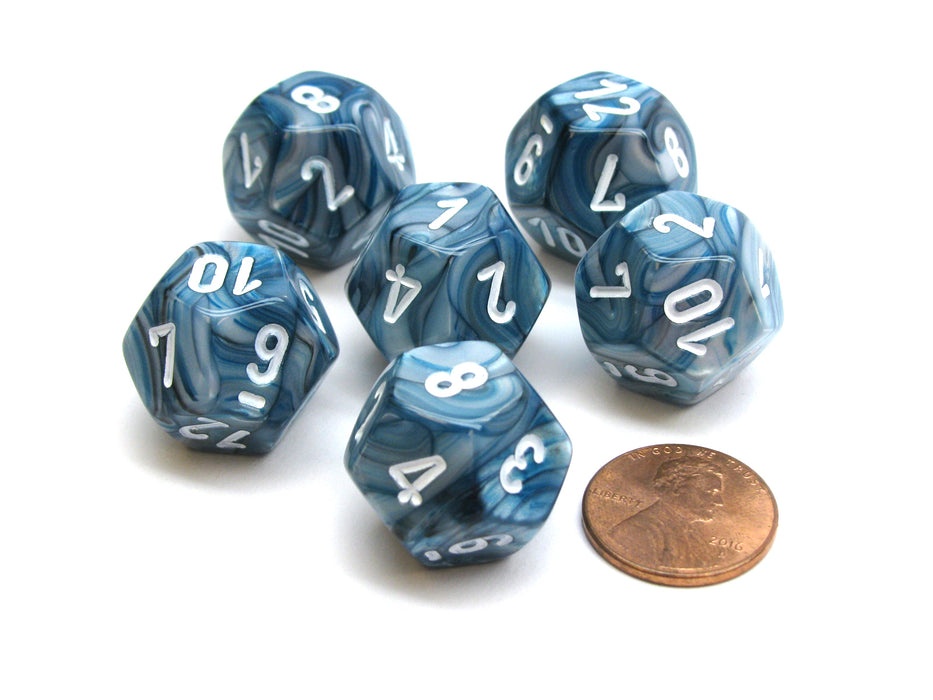 Lustrous 18mm 12 Sided D12 Chessex Dice, 6 Pieces - Slate with White