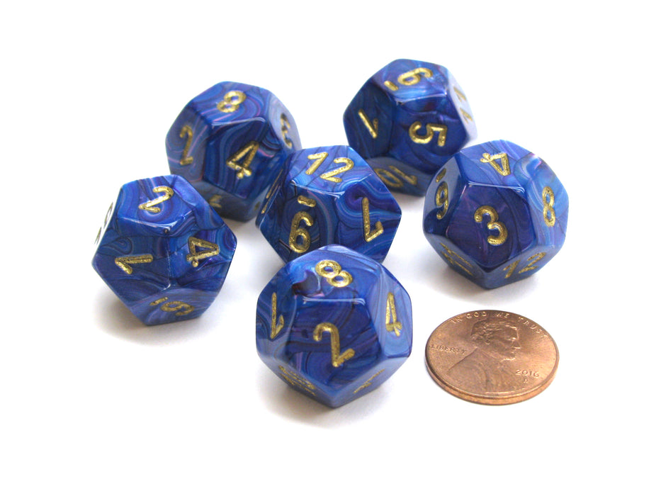 Lustrous 18mm 12 Sided D12 Chessex Dice, 6 Pieces - Purple with Gold