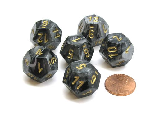 Lustrous 18mm 12 Sided D12 Chessex Dice, 6 Pieces - Black with Gold