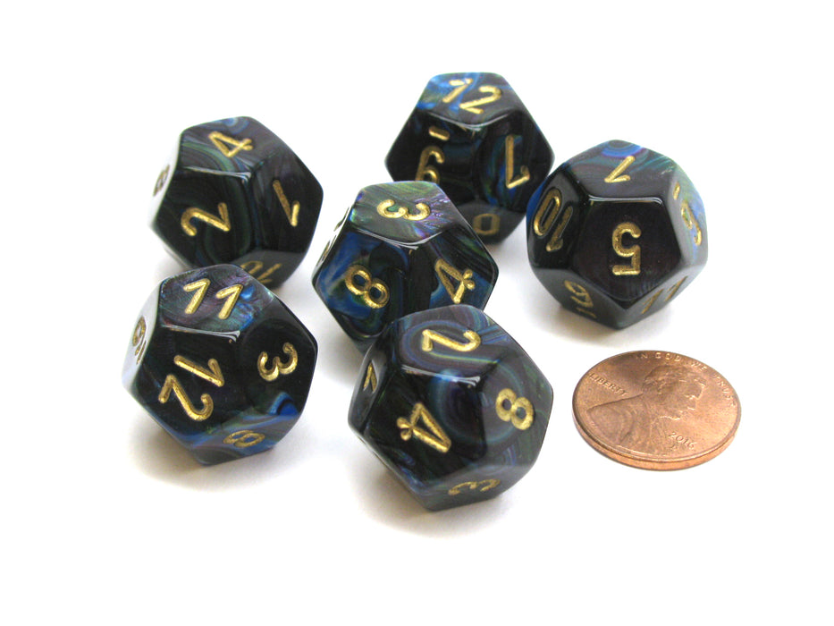 Lustrous 18mm 12 Sided D12 Chessex Dice, 6 Pieces - Shadow with Gold