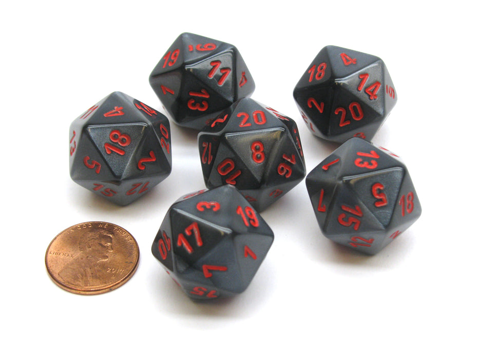 Velvet 20 Sided D20 Chessex Dice, 6 Pieces - Black with Red Numbers