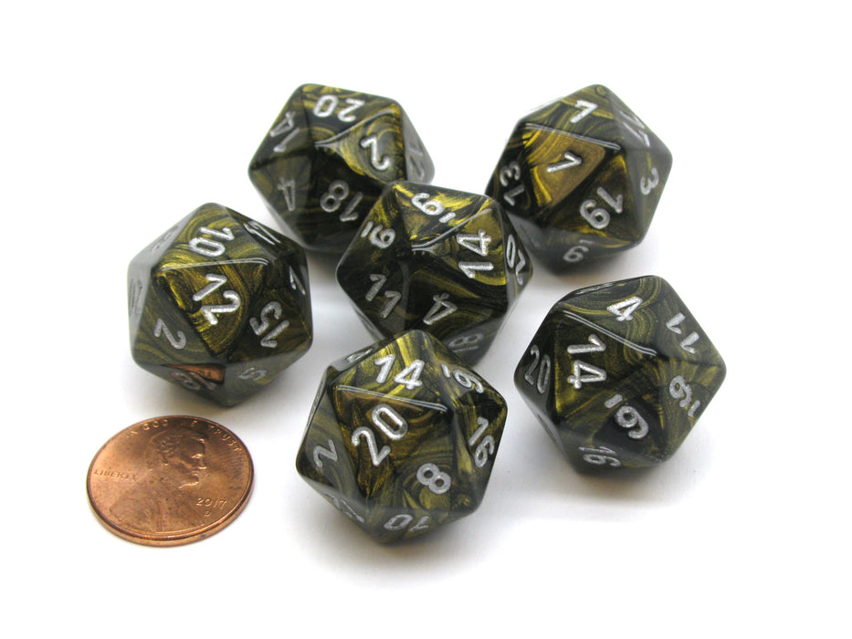 Leaf 20 Sided D20 Chessex Dice, 6 Pieces - Black Gold with Silver Numbers