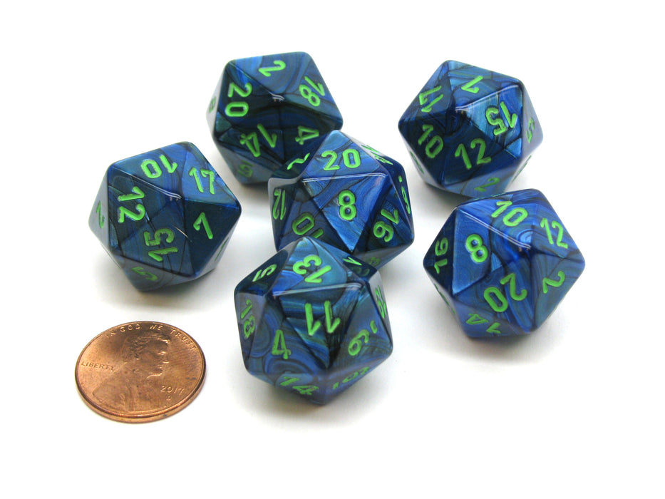 Lustrous 20 Sided D20 Chessex Dice, 6 Pieces - Dark Blue with Green Numbers