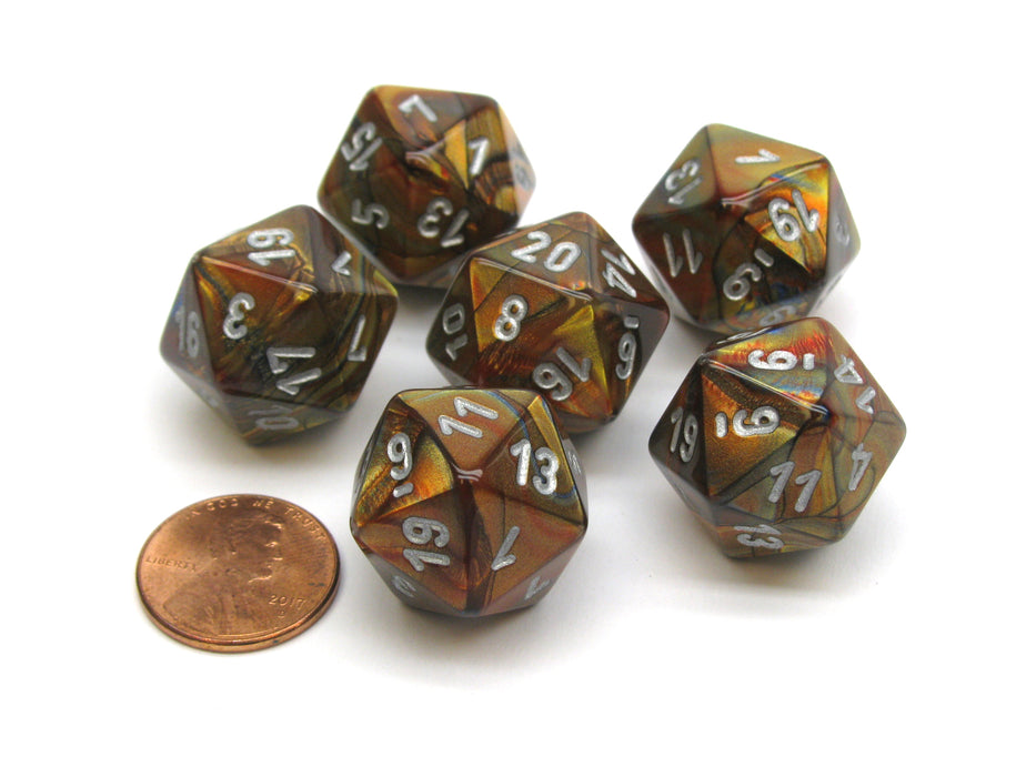 Lustrous 20 Sided D20 Chessex Dice, 6 Pieces - Gold with Silver Numbers