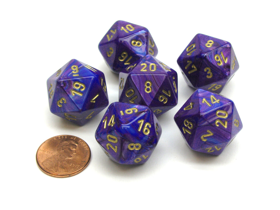 Lustrous 20 Sided D20 Chessex Dice, 6 Pieces - Purple with Gold Numbers