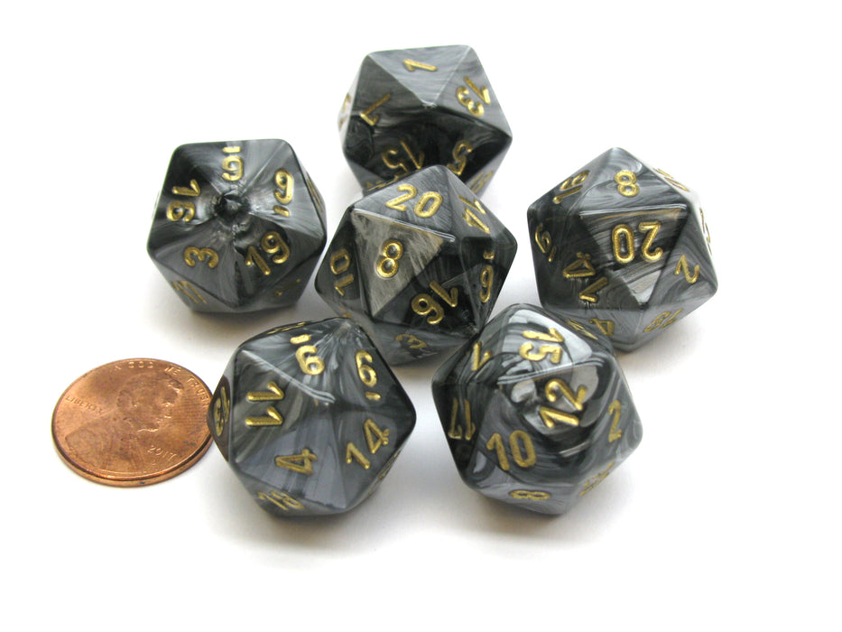 Lustrous 20 Sided D20 Chessex Dice, 6 Pieces - Black with Gold Numbers