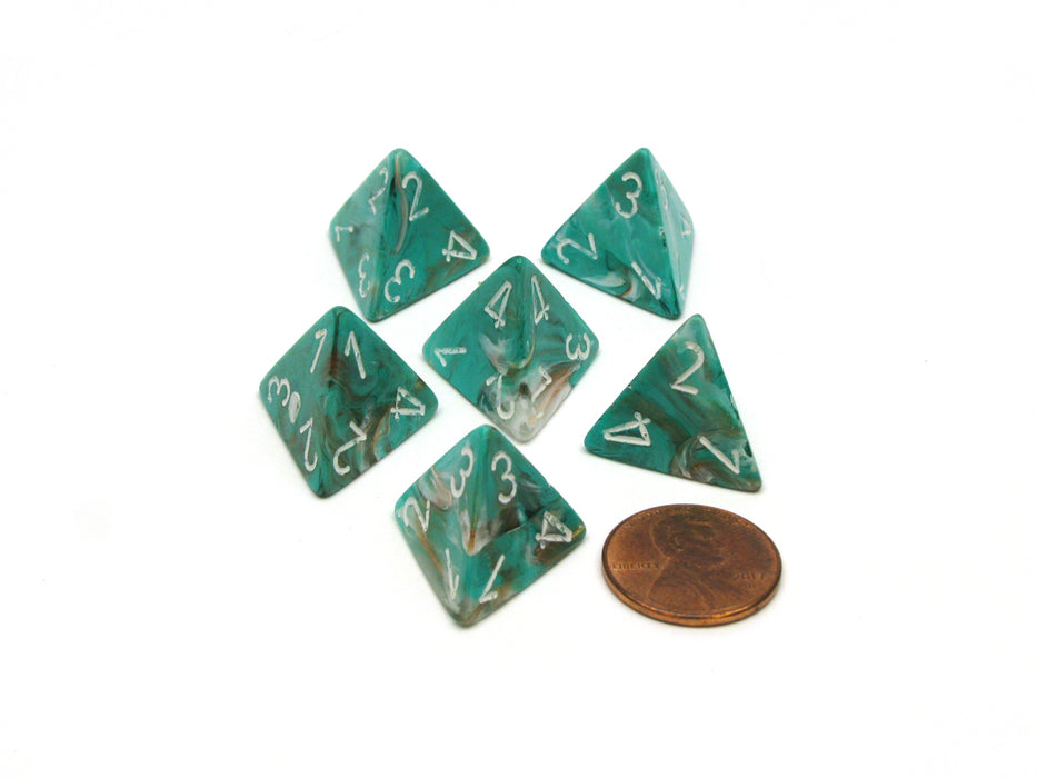 Marble 18mm 4 Sided D4 Chessex Dice, 6 Pieces - Oxi-Copper with White Numbers