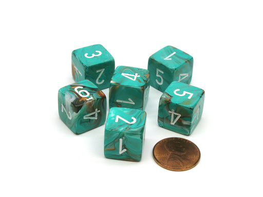 Marble 15mm 6-Sided D6 Numbered Chessex Dice, 6 Pieces - Oxi-Copper with White