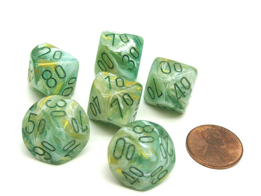 Marble 16mm Tens D10 (00-90) Dice, 6 Pieces - Green with Dark Green Numbers