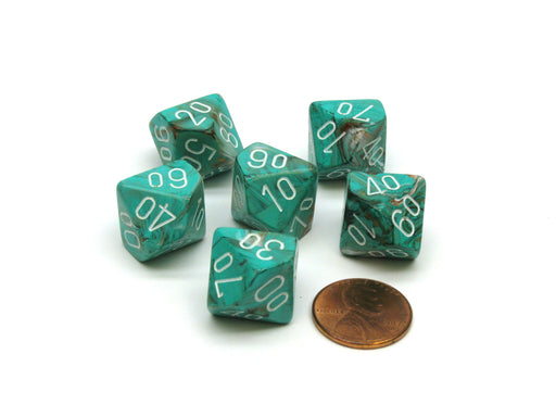 Marble 16mm Tens D10 (00-90) Chessex Dice, 6 Pieces - Oxi-Copper with White