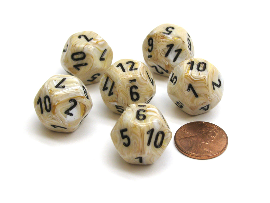 Marble 18mm 12 Sided D12 Chessex Dice, 6 Pieces - Ivory with Black
