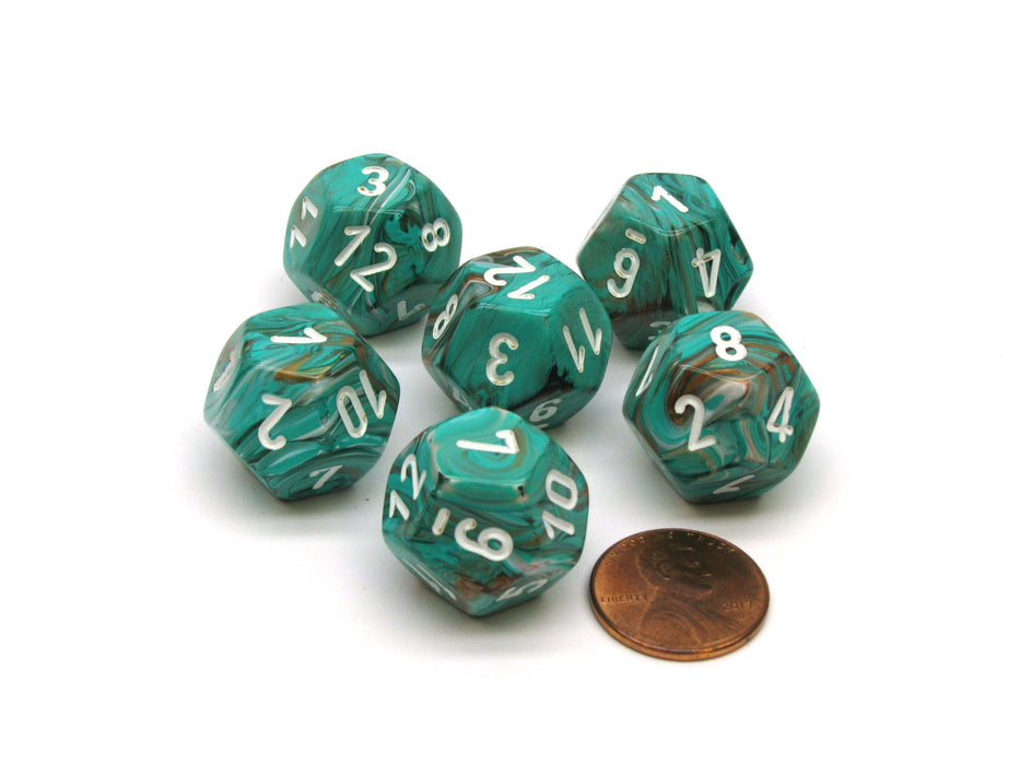 Marble 18mm 12 Sided D12 Chessex Dice, 6 Pieces - Oxi-Copper with White Numbers