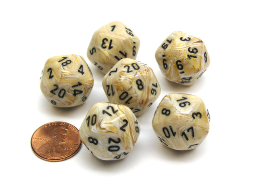 Marble 20 Sided D20 Chessex Dice, 6 Pieces - Ivory with Black Numbers