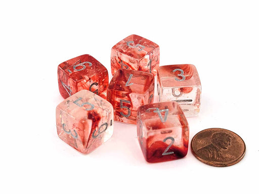 Luminary Nebula 15mm D6 Chessex Dice, 6 Pieces - Red with Silver Numbers