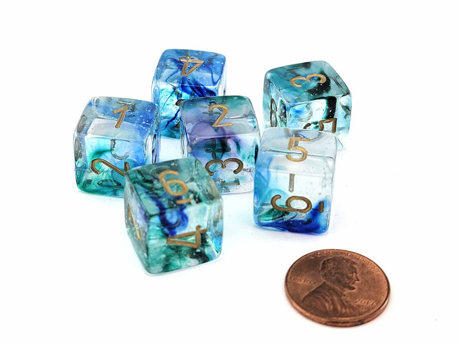 Luminary Nebula 15mm D6 Chessex Dice, 6 Pieces - Oceanic with Gold Numbers