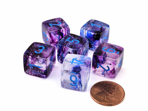 Luminary Nebula 15mm D6 Chessex Dice, 6 Pieces - Nocturnal with Blue Numbers