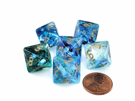 Luminary Nebula 15mm D8 Chessex Dice, 6 Pieces - Oceanic with Gold Numbers