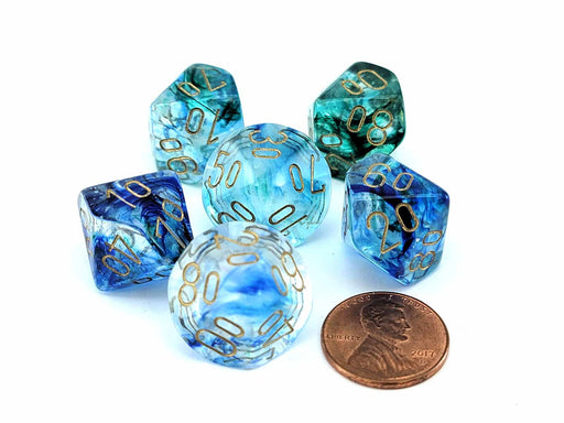 Luminary Nebula 16mm Tens D10 (00-90) Dice, 6 Pieces - Oceanic with Gold