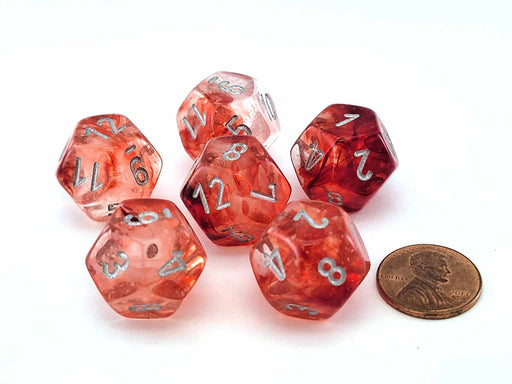 Luminary Nebula 18mm D12 Chessex Dice, 6 Pieces - Red with Silver Numbers