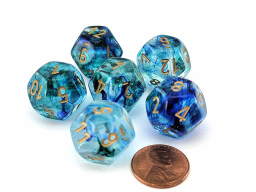 Luminary Nebula 18mm D12 Chessex Dice, 6 Pieces - Oceanic with Gold Numbers