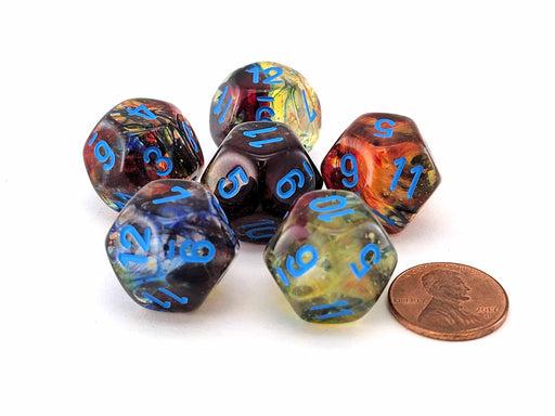 Luminary Nebula 18mm D12 Chessex Dice, 6 Pieces - Primary with Blue Numbers