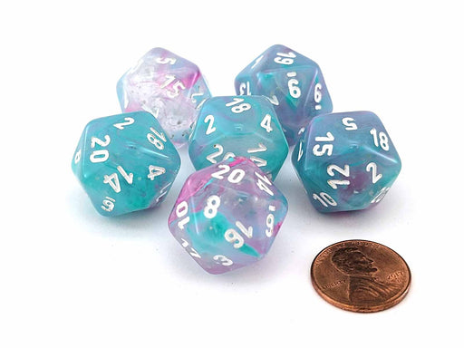 Luminary Nebula 20mm D20 Chessex Dice, 6 Pieces - Wisteria with White Numbers