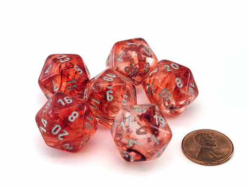 Luminary Nebula 20mm D20 Chessex Dice, 6 Pieces - Red with Silver Numbers