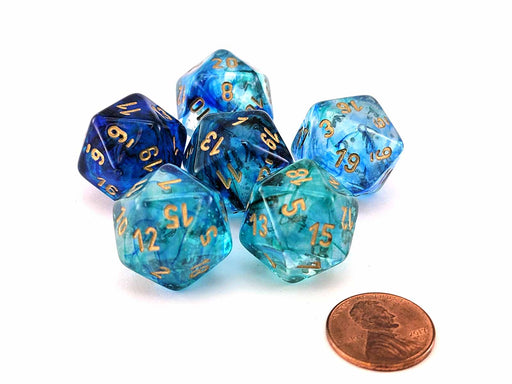 Luminary Nebula 20mm D20 Chessex Dice, 6 Pieces - Oceanic with Gold Numbers