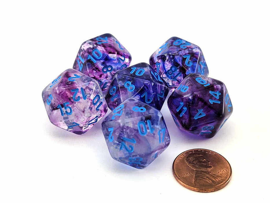 Luminary Nebula 20mm D20 Chessex Dice, 6 Pieces - Nocturnal with Blue Numbers