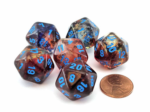 Luminary Nebula 20mm D20 Chessex Dice, 6 Pieces - Primary with Blue Numbers