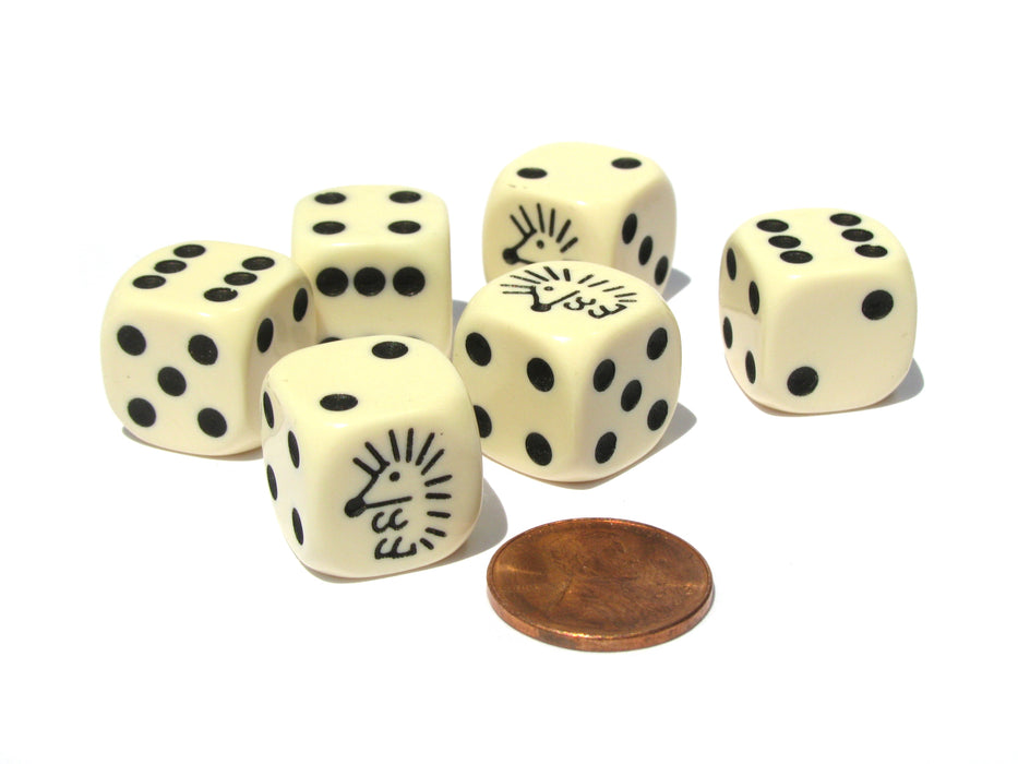Set of 6 Hedgehog 16mm D6 Round Edged Animal Dice - Ivory with Black Pips