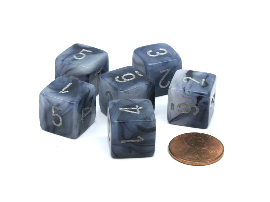 Phantom 15mm 6 Sided D6 Chessex Dice, 6 Pieces - Black with Silver Numbers