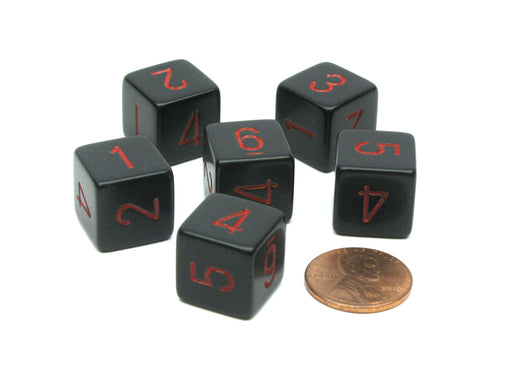 Opaque 15mm 6 Sided D6 Polyhedral Dice, 6 Pieces - Black with Red Numbers