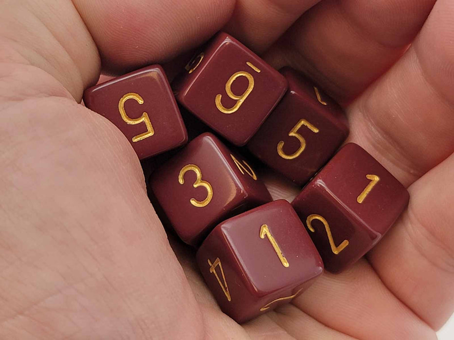 Opaque 15mm D6 Chessex Dice, 6 Pieces - Burgundy with Light Gold Numbers
