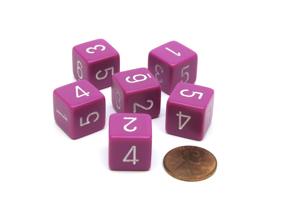 Opaque 15mm 6 Sided D6 Chessex Dice, 6 Pieces - Light Purple with White Numbers