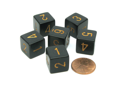 Opaque 15mm 6 Sided D6 Chessex Dice, 6 Pieces - Black with Gold Numbers