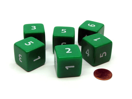 Opaque 25mm 6 Sided D6 Large Jumbo Numbered Dice, 6 Pieces - Green with White