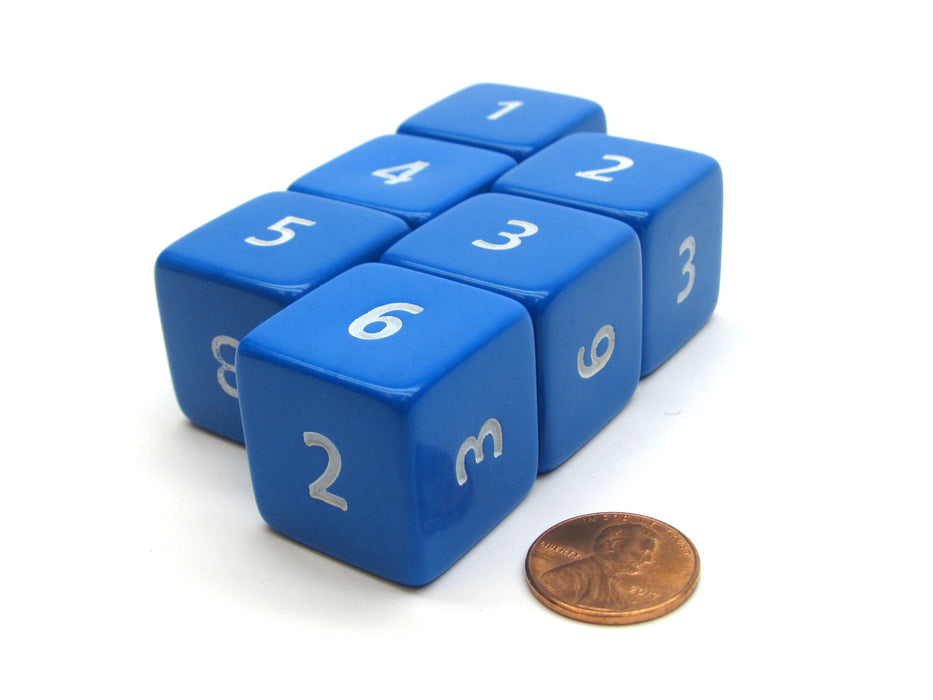 Opaque 25mm 6 Sided D6 Large Jumbo Numbered Dice, 6 Pieces - Blue with White