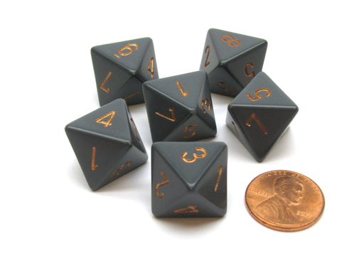 Opaque 15mm 8 Sided D8 Chessex Dice, 6 Pieces - Dark Grey with Copper