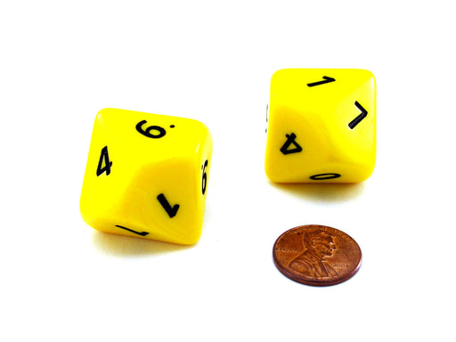 Opaque Jumbo 10 Sided D10 Chessex Dice, 2 Pieces - Yellow with Black Numbers