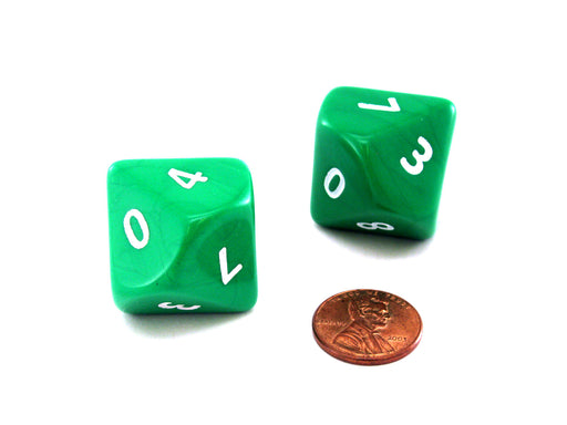Opaque Jumbo 10 Sided D10 Chessex Dice, 2 Pieces - Green with White Numbers