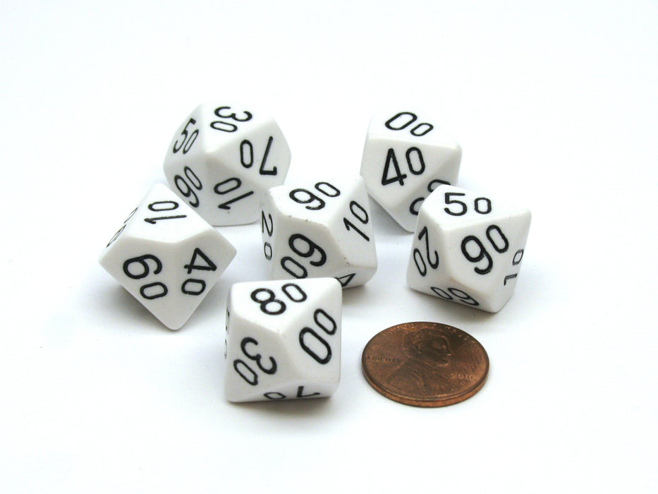 Opaque 16mm Tens D10 (00-90) Chessex Dice, 6 Pieces - White with Black Numbers