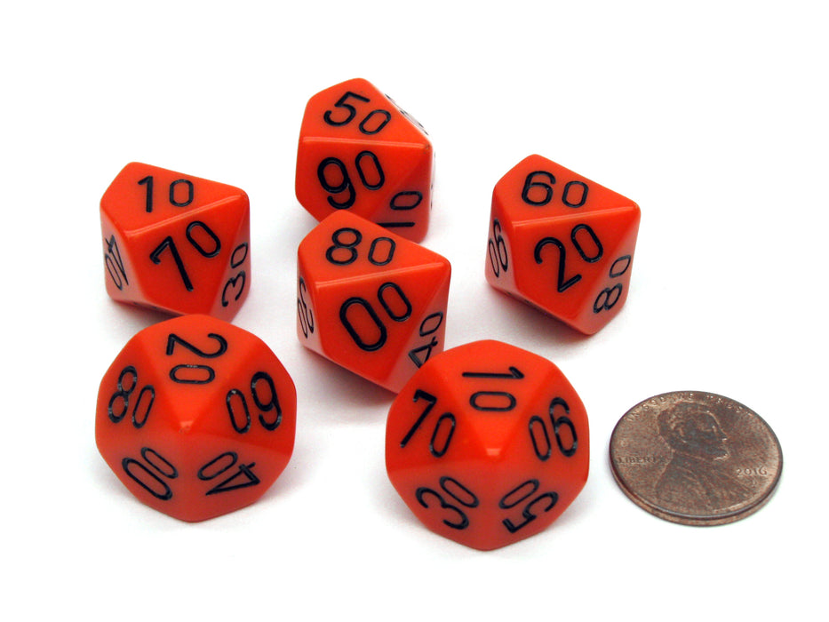 Opaque 16mm Tens D10 (00-90) Chessex Dice, 6 Pieces - Orange with Black Numbers
