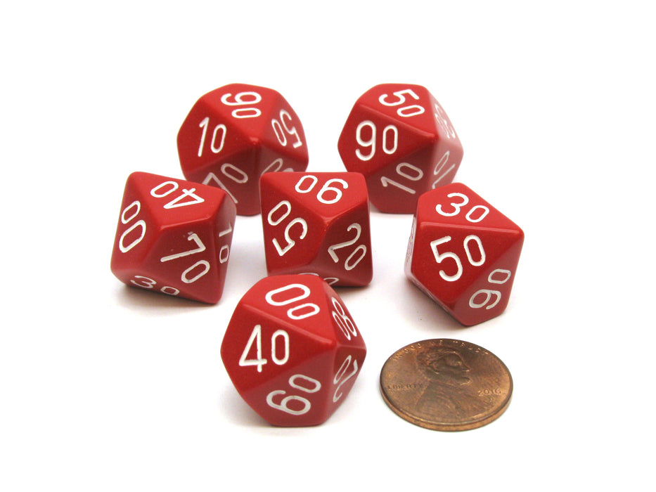 Opaque 16mm Tens D10 (00-90) Chessex Dice, 6 Pieces - Red with White Numbers