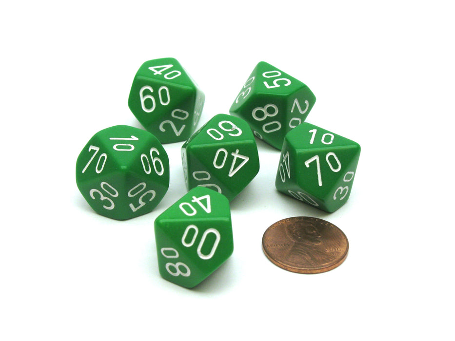 Opaque 16mm Tens D10 (00-90) Chessex Dice, 6 Pieces - Green with White Numbers