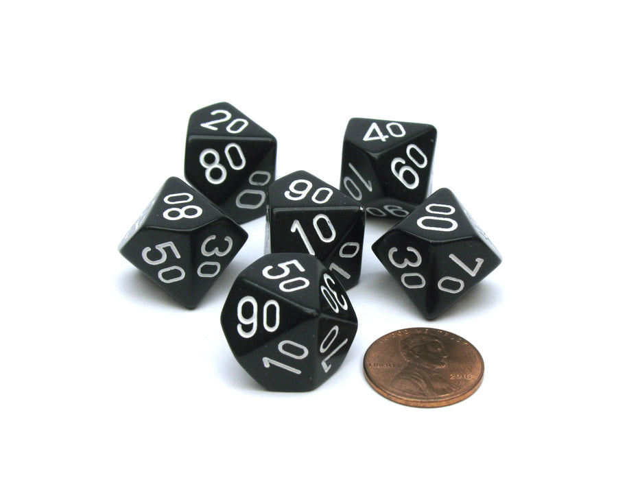 Opaque 16mm Tens D10 (00-90) Chessex Dice, 6 Pieces - Black with White Numbers